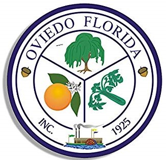 Logo for Oviedo, Florida. The logo states, 'Oviedo, Florida, Inc. 1925' and circles around a tree, orange, and celery.